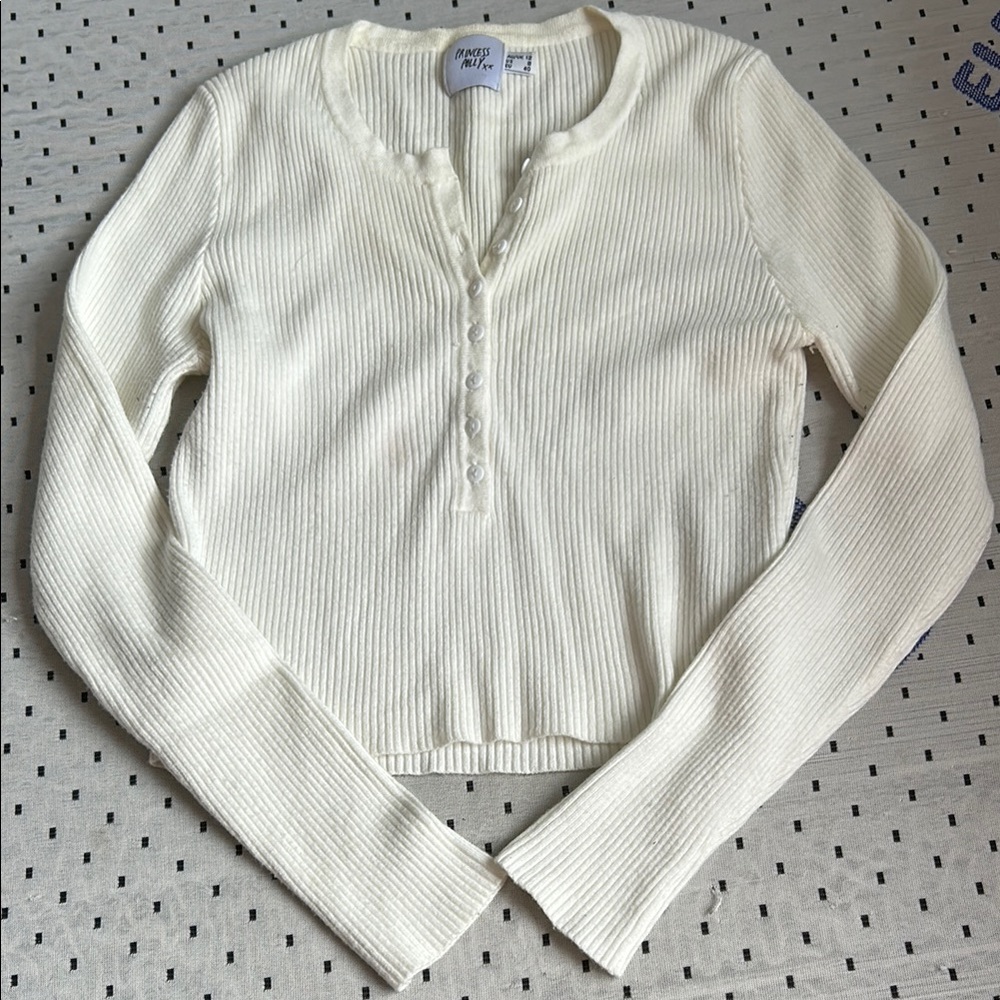 Princess Polly Cream Ribbed Polo Blouse